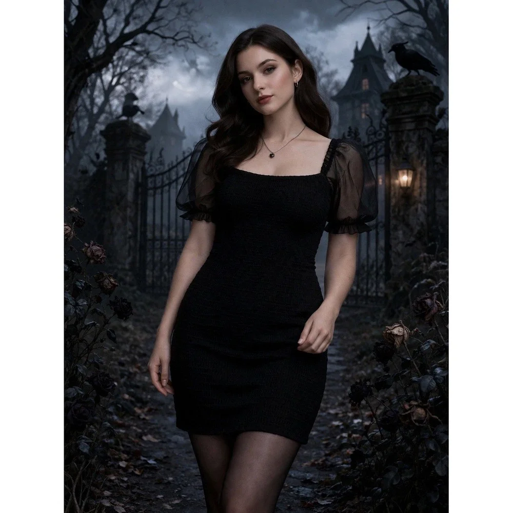 Better Be Black Knit Bodycon Puff Sleeve Romantic Goth Tuesday Adams Fairy Party